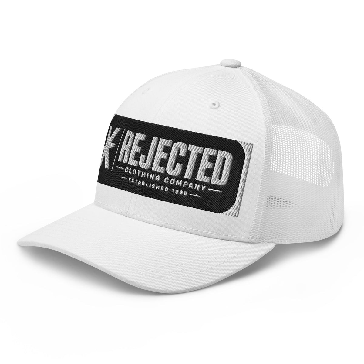 White trucker cap with an embroidered Rejected Clothing Company Established 1999 patch and X mark