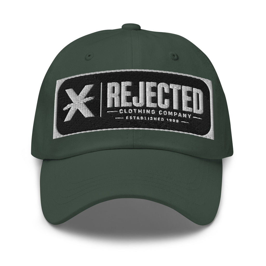 Black cotton dad hat with an embroidered Rejected Clothing Company Established 1999 patch