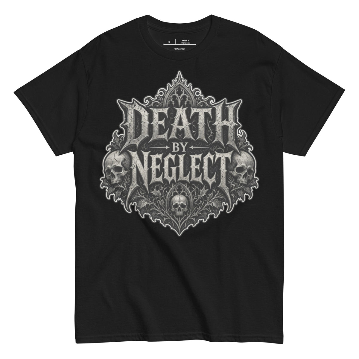 Death by Neglect ornate gothic skull crest tee, black. Rejected Streetwear