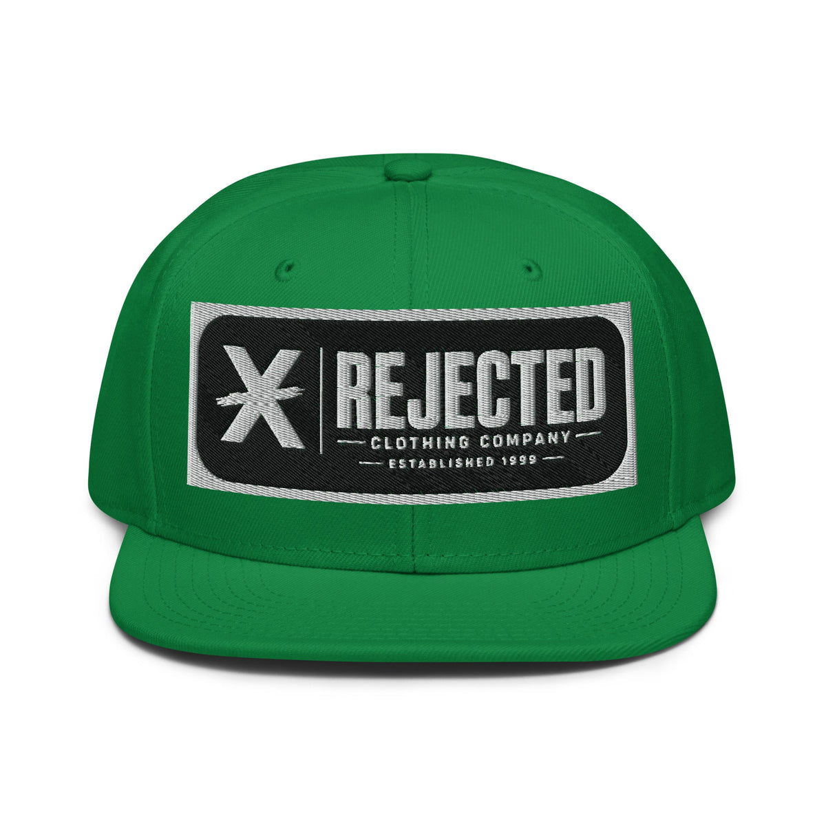 Black snapback with a teal brim and an embroidered Rejected Clothing Company Established 1999 patch