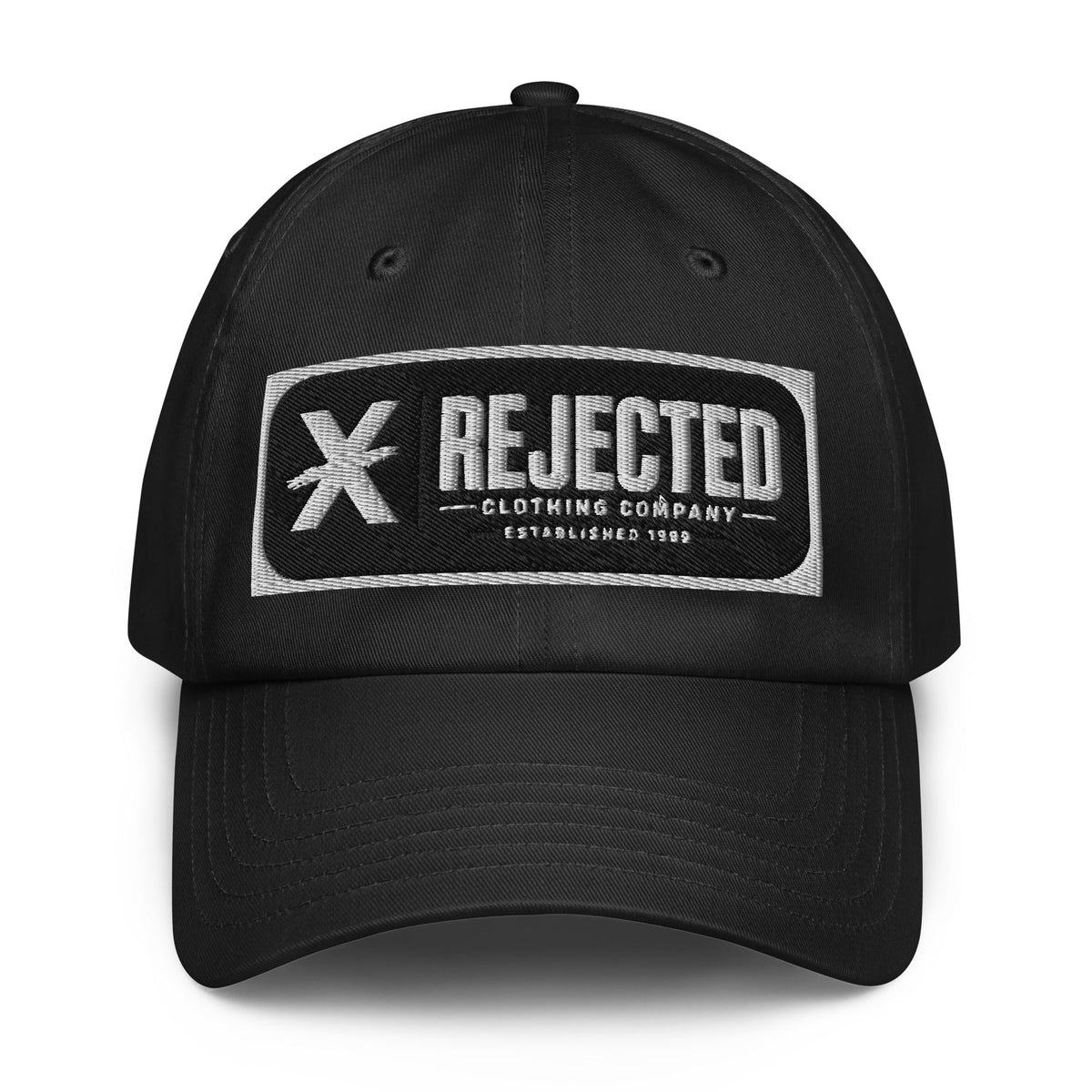 Black Under Armour dad hat with an embroidered Rejected Clothing Company Established 1999 patch