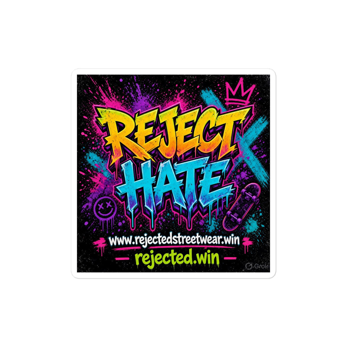 Square kiss-cut vinyl decal with neon graffiti REJECT HATE lettering on black