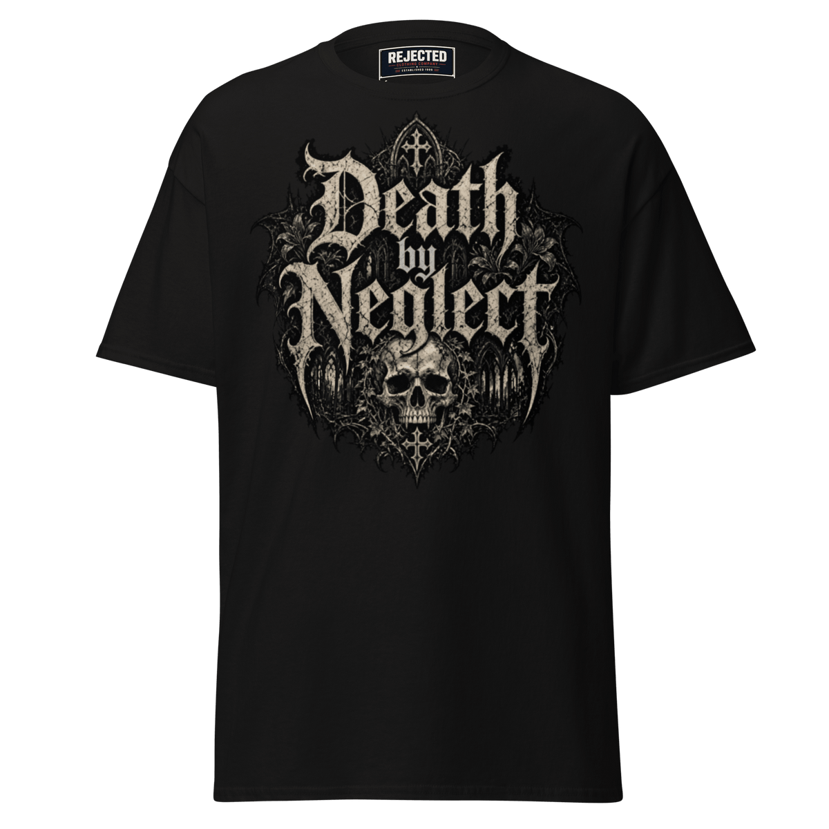 Black tee with the Death by Neglect gothic logo and skull, worn by a model