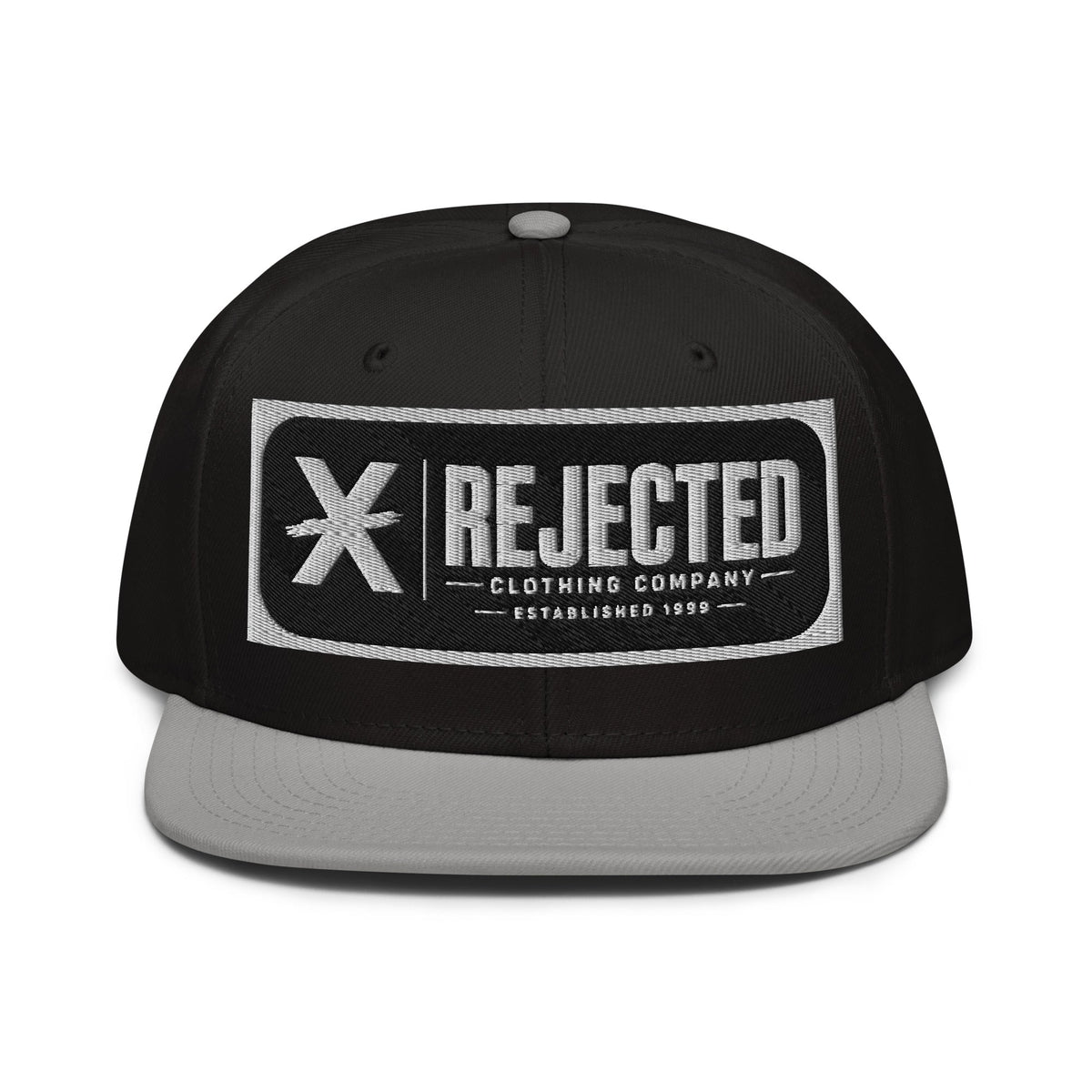 Black snapback with a teal brim and an embroidered Rejected Clothing Company Established 1999 patch