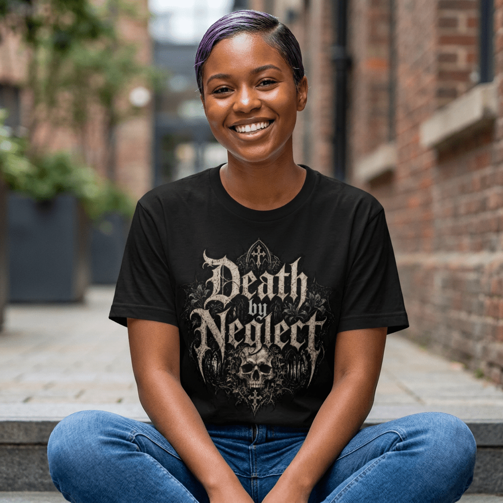 Black tee with the Death by Neglect gothic logo and skull, worn by a model