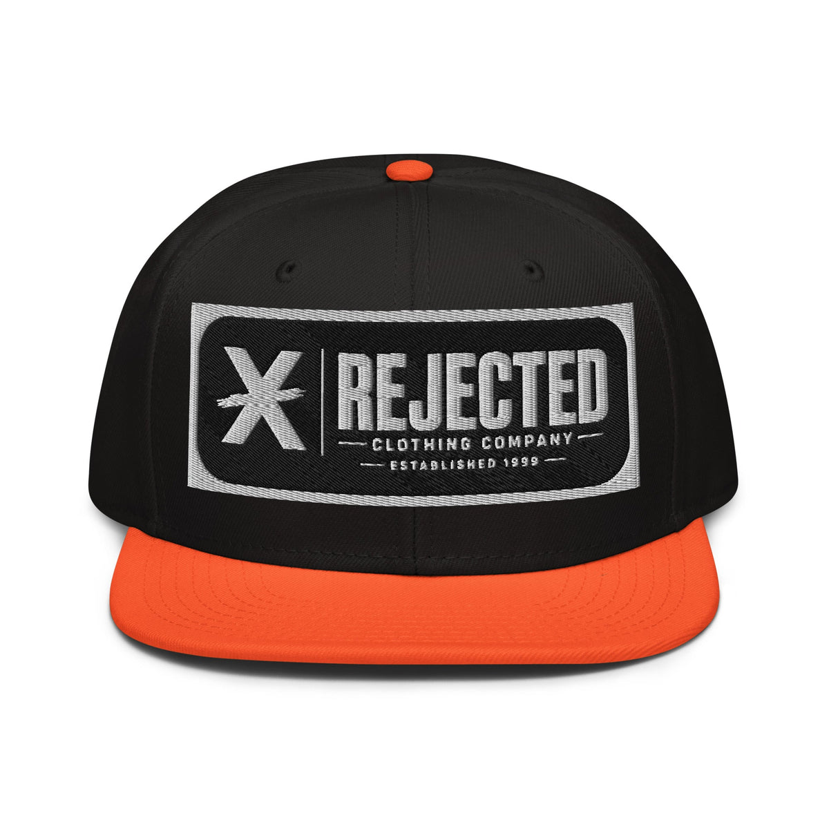 Black snapback with a teal brim and an embroidered Rejected Clothing Company Established 1999 patch