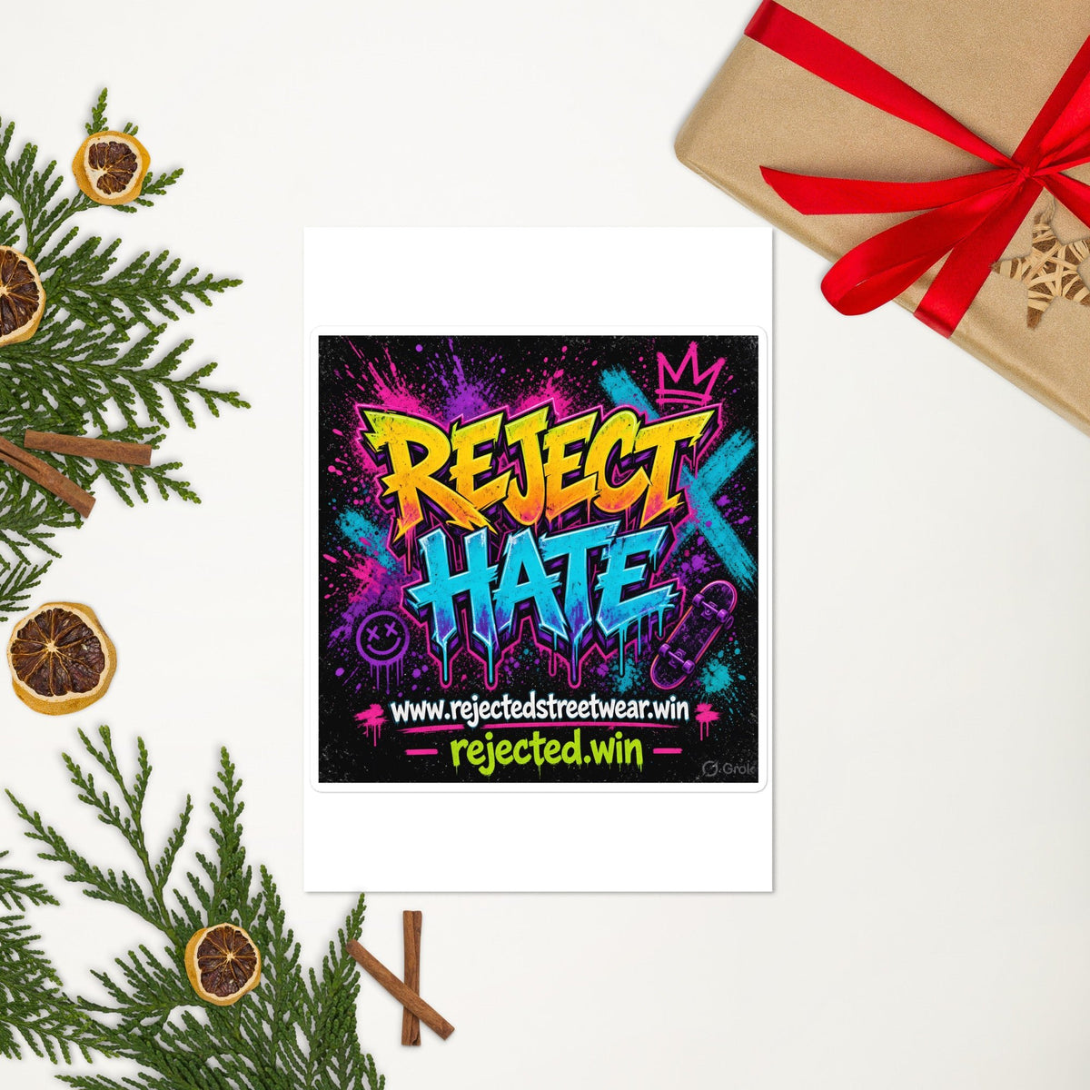 Glossy sticker sheet with neon graffiti REJECT HATE stickers on white borders