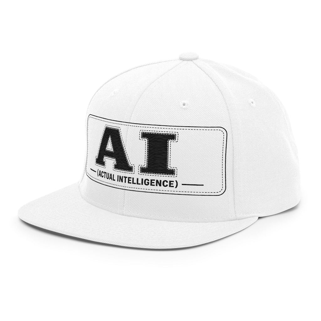 White snapback with an embroidered patch reading AI (ACTUAL INTELLIGENCE) in black