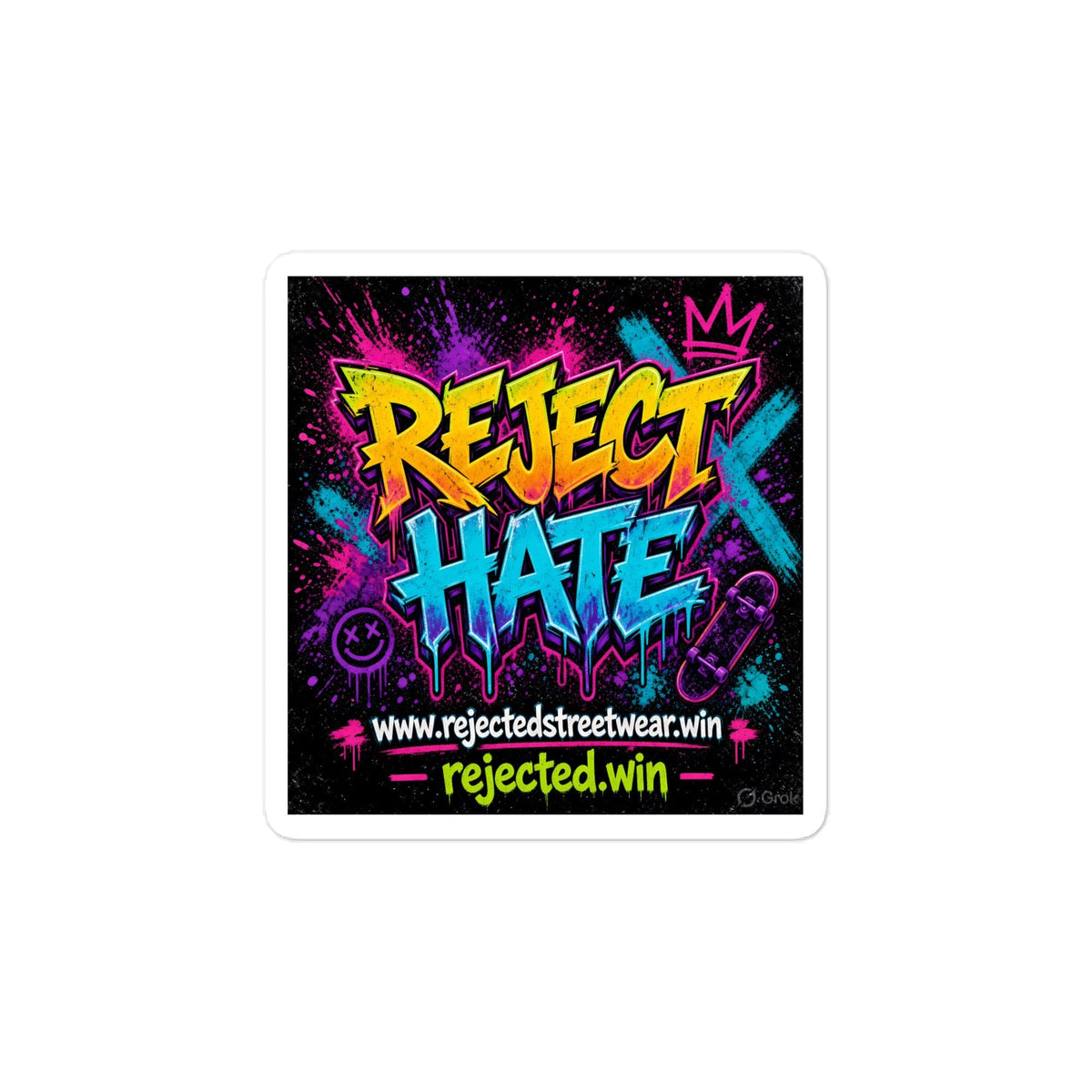 Square kiss-cut vinyl decal with neon graffiti REJECT HATE lettering on black