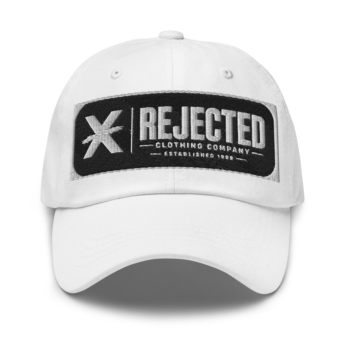 Black cotton dad hat with an embroidered Rejected Clothing Company Established 1999 patch