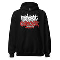 Black hoodie with Reject Cancer graffiti lettering in white and red across the chest