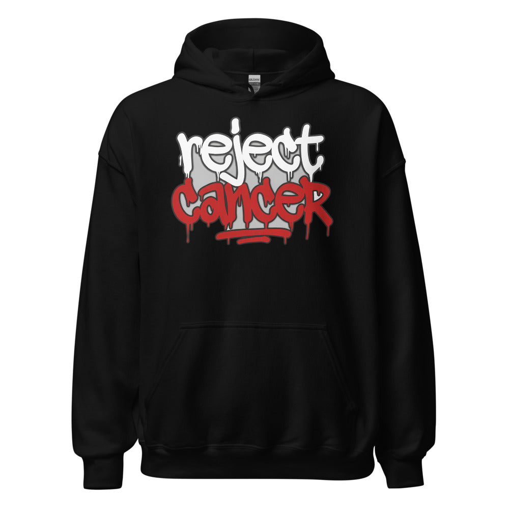 Black hoodie with Reject Cancer graffiti lettering in white and red across the chest