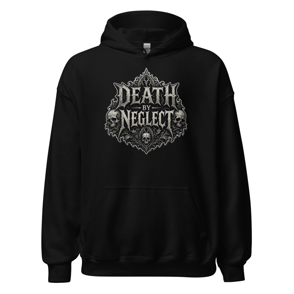 Black hoodie with the Death by Neglect triple skull gothic crest printed on the chest
