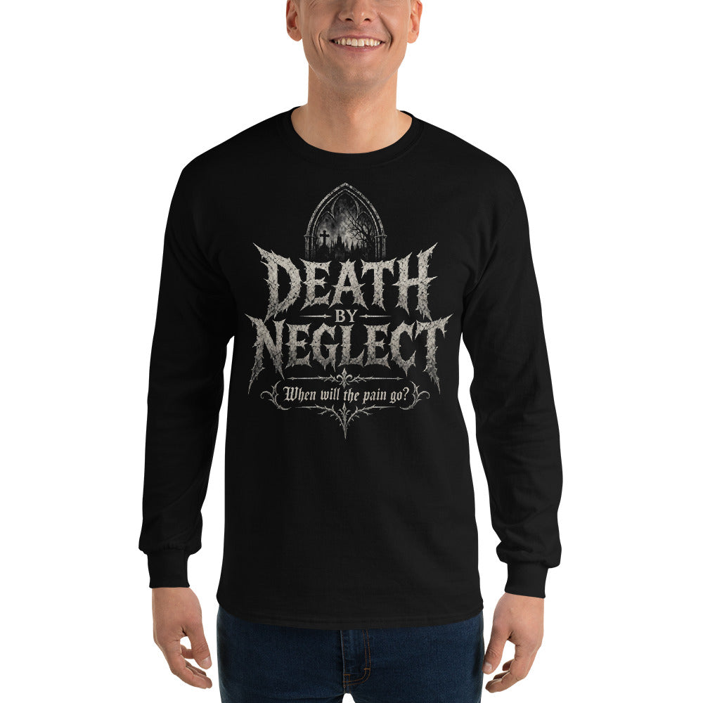 Black long sleeve shirt with Death by Neglect cathedral window art and When will the pain go? script
