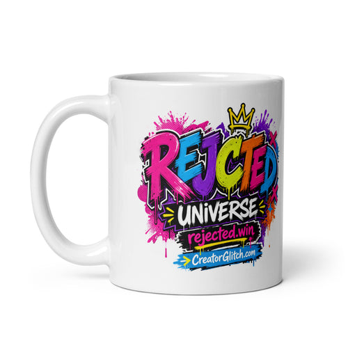 Other side of the white Rejected Universe rainbow drip mug with the handle on the left