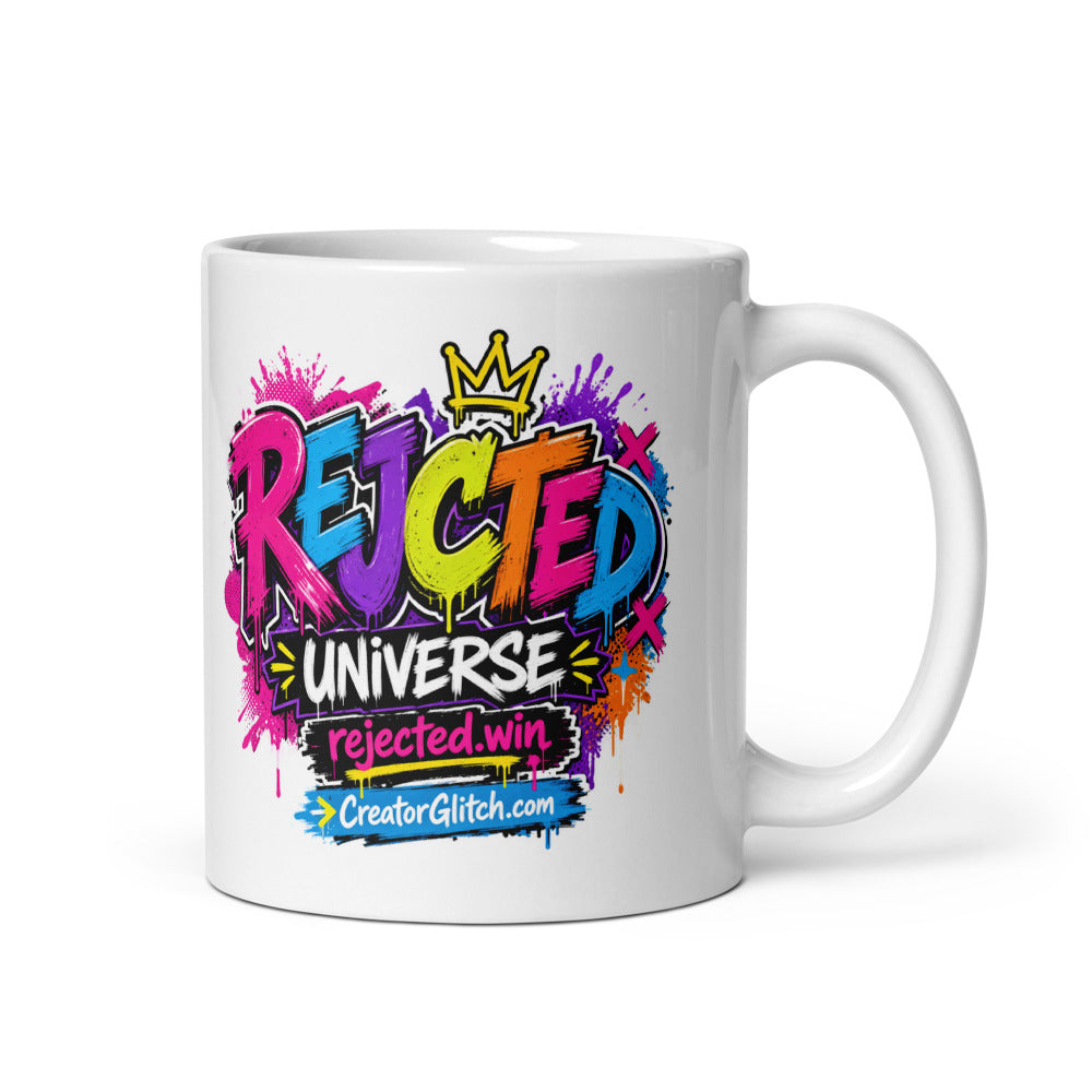 White glossy 11 oz mug with the neon Rejected Universe rainbow drip graffiti logo
