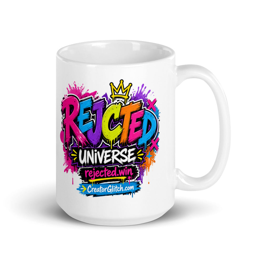 White glossy 15 oz mug with the Rejected Universe rainbow drip logo